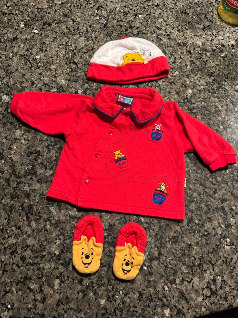 Disney Winnie the Pooh Baby 6M 3-Piece Set Jacket Hat Booties Vintage 90s
